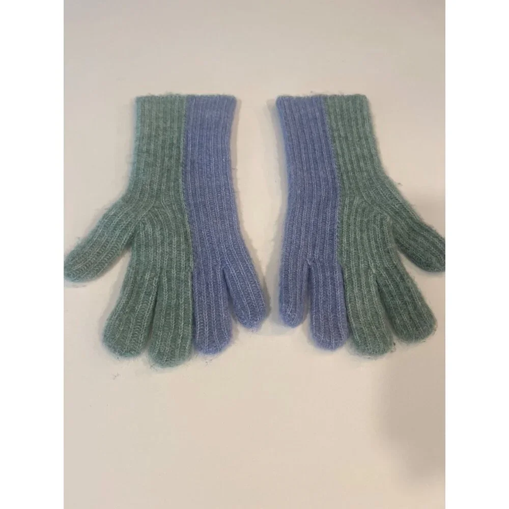 Anthropologie Two-Tone Ribbed Knit Gloves In Green & Blue Soft Wool Blend Womens